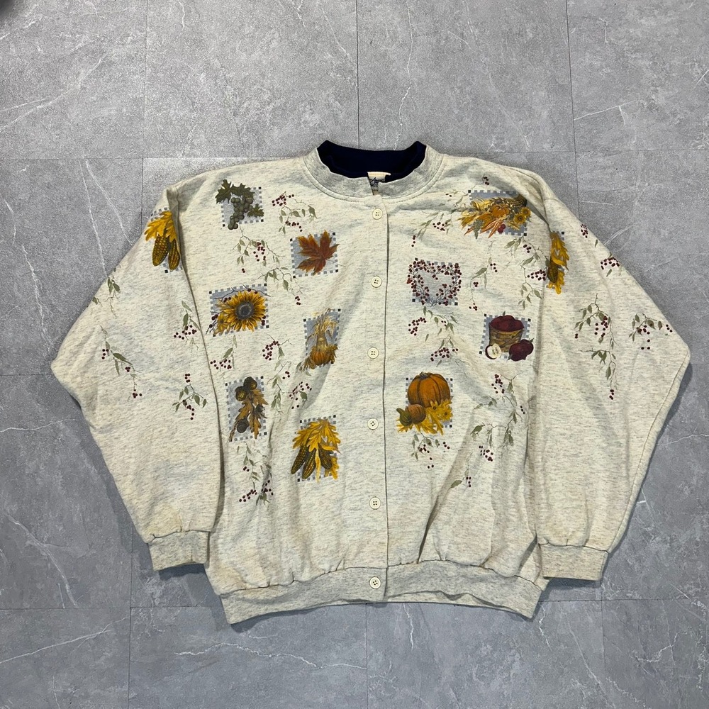 Artisans Glen Flora Fall Pumpkin Sunflower Button Front Sweatshirt Oatmeal XL